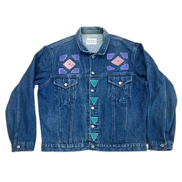Vintage Sundance Denim Jacket Southwest Pastel Painted Patches sz Large - Picture 1 of 10